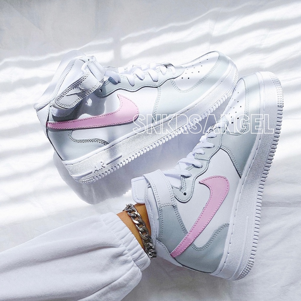 Nike custom air force 1 mid light grey baby pink - Picture 2 of 4